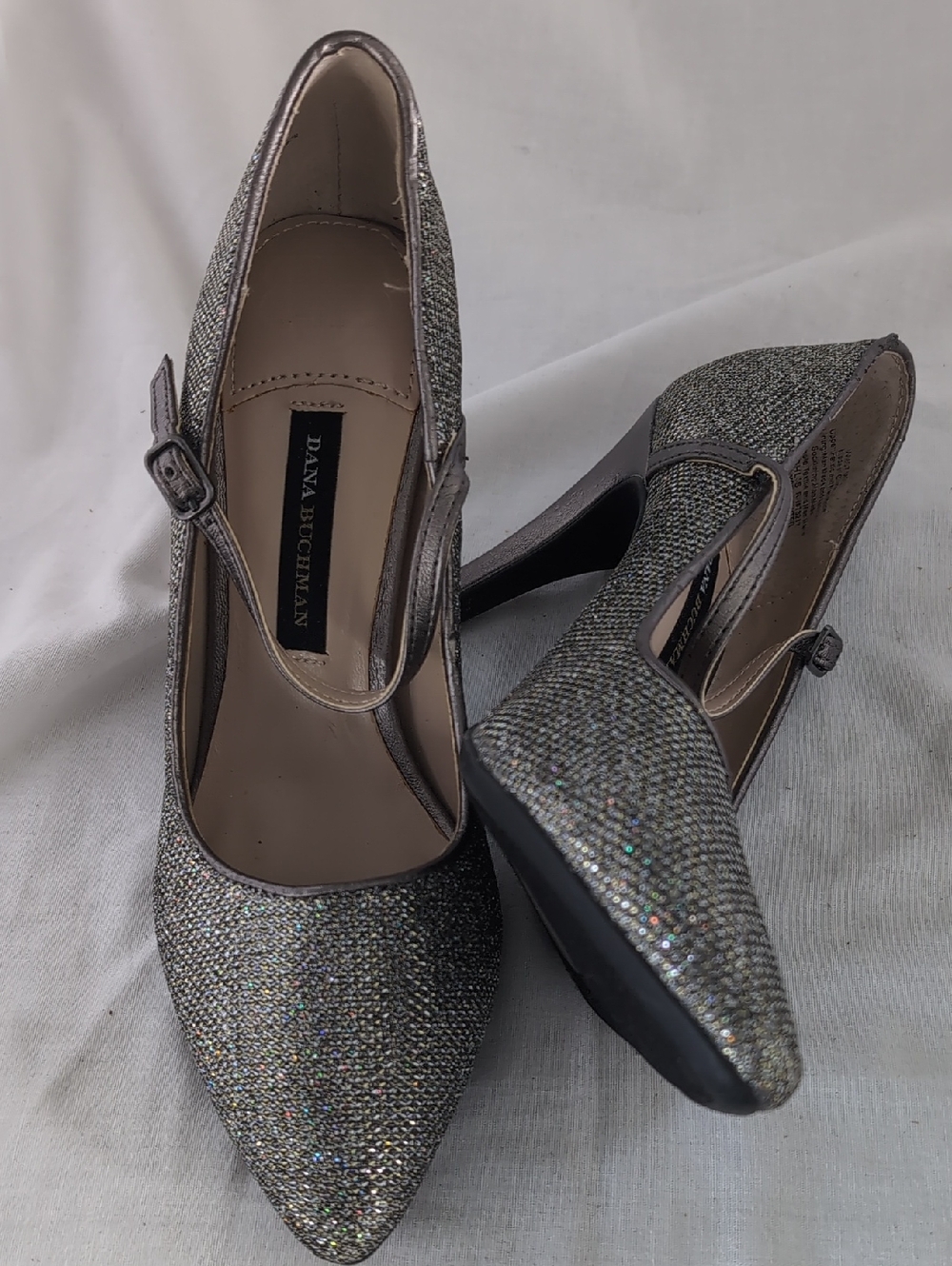 Dana Buchman Glitter Pointed Mary Jane Heels in Silver